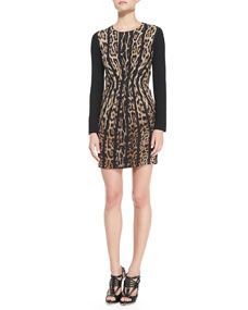 Roberto Cavalli Vertical Leopard Print Long Sleeve Dress