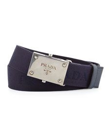 Prada Webbed Logo Plaque Belt, Blue