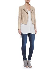 Vince Leather/Knit Fitted Jacket, Long Sleeve V Neck Sheer Top & Dylan Skinny Denim Jeans