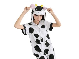 Summer Pure Cotton Cartoon Cow Pajamas Short Sleeve Lovers One Piece Homecoat Hooped Caps