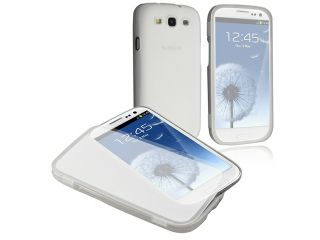 Insten Clear White TPU Rubber Skin Case Cover with Flap + Front & Back Reusable LCD Cover Compatible with Samsung Galaxy SIII / S3