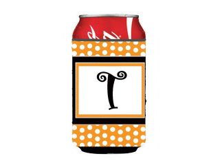 Letter T Initial Monogram   Orange Polkadots Can or Bottle Beverage Insulator Hugger
