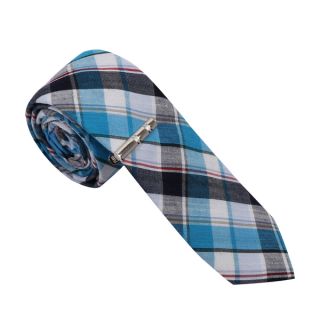 Skinny Tie Madness Mens Cotton Plaid Skinny Tie with tie clip
