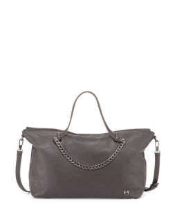 Halston Leather Satchel Bag with Chain Detail, Gravel