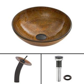 Vigo Glass Vessel Sink in Cappuccino Swirl and Waterfall Faucet Set in Antique Rubbed Bronze VGT045ARBRND
