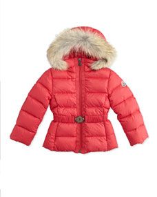 Moncler Girls Angers Puffer Jacket with Fur Trim, Bright Pink, Sizes 2 6