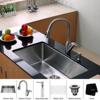 KRAUS All in One Undermount Stainless Steel 32 in. Single Bowl Kitchen Sink with Stainless Steel Kitchen Faucet KHU100 32 KPF2120 SD20