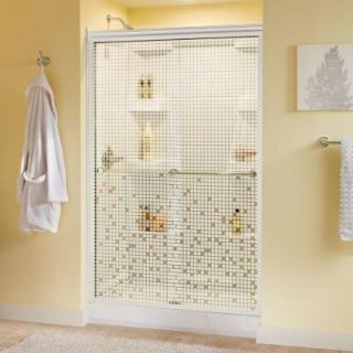 Delta Crestfield 47 3/8 in. x 70 in. Semi Frameless Sliding Shower Door in White with Brass Handle and Mozaic Glass 171410