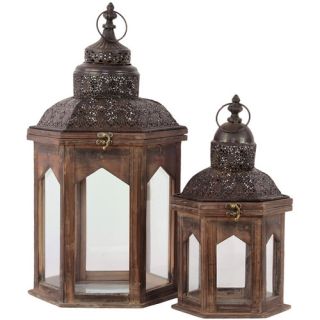 Wood Hexagonal Lantern with Pierced Metal Top, Ring Hanger and Glass