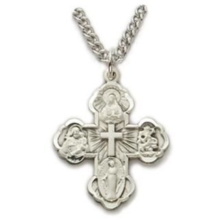 .925 Sterling Silver Engraved Four Way Medal Patron Pendant Comes with a 18'' Chain Necklace in a deluxe velvet box