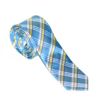 Skinny Tie Madness Mens Light Blue and Yellow Plaid Tie  