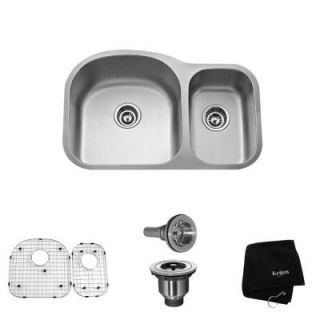 KRAUS All in One Undermount Stainless Steel 31.5 in. 0 Hole Double Bowl Kitchen Sink KBU23