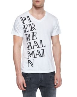 Pierre Balmain Logo Graphic V Neck T Shirt, White