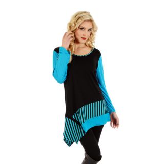 Firmiana Womens Long Sleeve Black and Turquoise Stripe Top   17165267