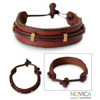 Handcrafted Leather Mens Stand Alone in Brown Bracelet (Ghana)