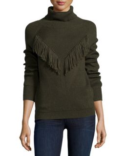 Haute Hippie Ribbed Turtleneck with Fringe, Military