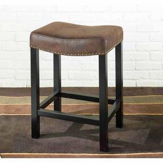 Tudor Backless 26 Stationary Barstool Covered Wrangler, Brown Fabric with Nailhead Accents