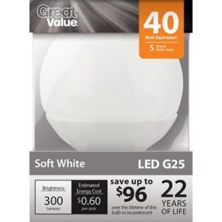 Great Value LED Light Bulb 5W (40W Equivalent) G25 (E26) Dimmable, Soft White