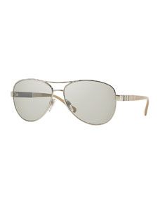 Burberry Check Temple Aviator Sunglasses, Silver