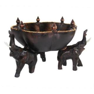 8.25 inch Triumphant Elephants Carved Rain Tree Wooden Bowl , Handmade in Thailand