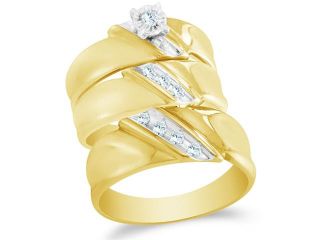 10K Two Tone Gold Diamond Trio 3 Ring His & Hers Set   ClassicSolitaire Setting w/ Diagonal Channel Set Round Diamonds   (1/5 cttw, G H, SI2)   SEE "OVERVIEW" TO CHOOSE BOTH SIZES