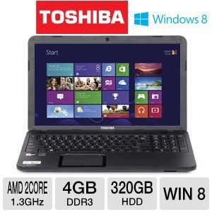 Toshiba Satellite C855D S5315 Refurbished Notebook PC   AMD Dual Core E 300 1.3GHz, 4GB DDR3, 320GB HDD, DVDRW, 15.6 Display, Windows 8 64 bit (RB C855D S5315)