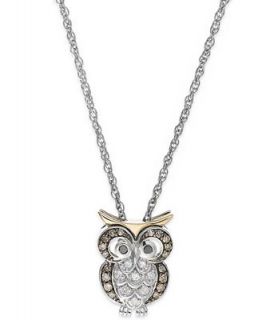 Brown and White Diamond Owl Pendant Necklace in Sterling Silver and