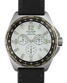 Filson 44mm Journeyman GMT Watch with Leather Strap, Black/White