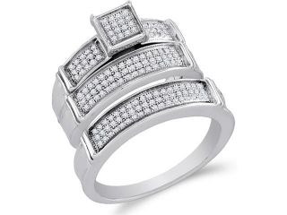 .925 Silver Plated in White Gold Diamond His & Hers Trio Set   Square Shape Center Setting w/ Micro Pave Set Round Diamonds   (2/5 cttw, G H, SI2)   SEE "OVERVIEW" TO CHOOSE BOTH SIZES