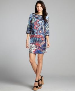 Ali Ro Blue And Pink Floral Printed Jersey Knit Bell Sleeve Dress (320960801)