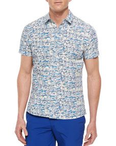 Orlebar Brown Pelham Digital Print Linen Shirt, Blue