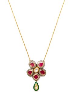 Ruby Flower & Enamel Teardrop Pendant Necklace by Amrapali