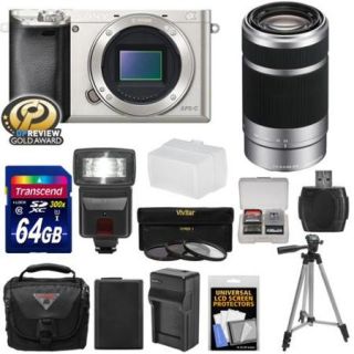 Sony Alpha A6000 Wi Fi Digital Camera Body (Silver) with 55 210mm Lens + 64GB Card + Flash + Case + Tripod + Battery & Charger + Kit