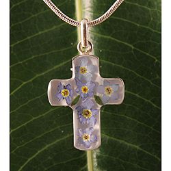Sterling Silver Forgetmenot Flowers Cross Necklace (Mexico