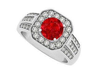 Square Halo Three Rows Cubic Zirconia and Round Ruby Fashion Ring