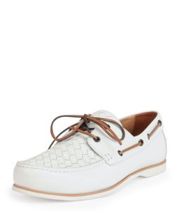 Bottega Veneta Woven Leather Boat Shoe, White