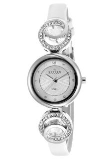 Women's White Genuine Leather Silver Tone Dial Crystal Accent