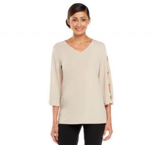 Susan Graver Liquid Knit V neck Top w/ Banded Split 3/4 Sleeves —