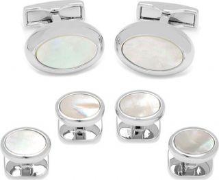 Mens Cufflinks Inc Silver Mother of Pearl Oval Stud Set