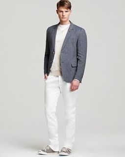 Vince Linen Prince of Wales Check Sport Coat, Cotton V Neck Sweater & Moto Slim Straight Fit Jeans in White