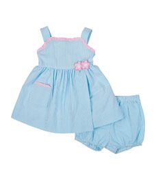 Florence Eiseman Gingham Seersucker Dress, Bloomers & Bonnet, Blue/White, Size 3 24 Months