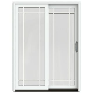 JELD WEN W 2500 59.25 in Grid Glass Brilliant White Wood Sliding Patio Door with Screen