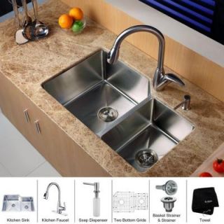 KRAUS All in One Undermount Stainless Steel 32 in. Double Bowl Kitchen Sink with Stainless Steel Kitchen Faucet KHU123 32 KPF2120 SD20