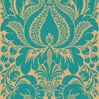 Blue Mountain Large Jacobean Damask Wallcovering, Peacock Blue and Gold