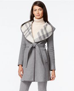 DKNY Plaid Hood Belted Coat   Coats   Women