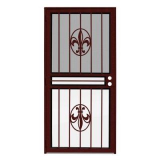 Unique Home Designs 32 in. x 80 in. Fleur de Lis Wineberry Recessed Mount All Season Security Door with Insect Screen and Glass Inserts 1U0360DN0WBGLA