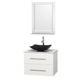 Wyndham Collection Centra 30 in. Vanity in White with Solid Surface Vanity Top in White, Black Granite Sink and 24 in. Mirror WCVW00930SWHWSGS4M24