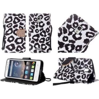 Insten Leopard Folio Leather Fabric Case Lanyard w/stand/card slot/Diamond For Alcatel One Touch Pop Astro   Black/White