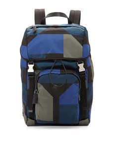 Prada Mens Hexagon Print Nylon Backpack, Blue