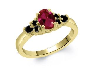 0.88 Ct Oval Red Created Ruby Black Diamond 14K Yellow Gold Ring